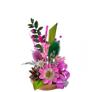 Aranjament floral in ghiveci, din flori uscate, roz, 27cm