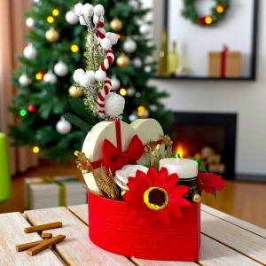 Aranjament Flower Heart Christmas, flori rosii si albe, crengute decorative si lumanare parfumata, in cutie inima rosie - Img 2