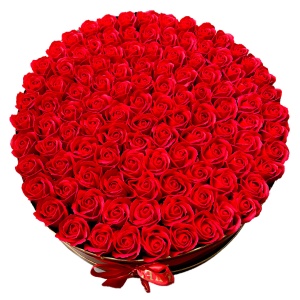Aranjament mare floral, Breeze Royal, cu 135 trandafiri de sapun, in cutie rotunda aurie, Rosu, Diametru 50 cm2
