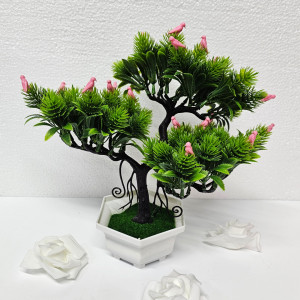 Bonsai decorativ artificial, cu pasari, in ghiveci miniatural, Balance Bird, Roz, Inaltime 28 cm