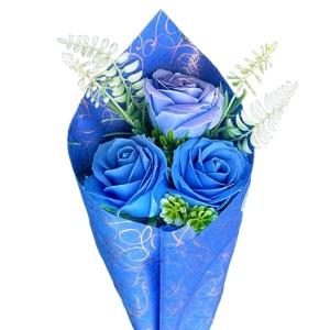Buchet Bloom cu 3 trandafiri de sapun si plante artificiale,  Albastru