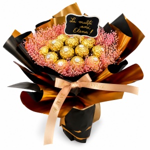 Buchet cadou Delice „La Multi Ani, Elena!”, cu 19 praline Ferrero Rocher si broom natural criogenat