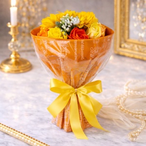 Buchet floral din trandafiri de sapun si floarea soarelui, orange-galben