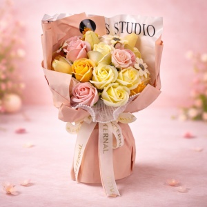 Buchet floral Eternal din flori artizanale, trandafiri si lalele de sapun, 22x30 cm, Crem