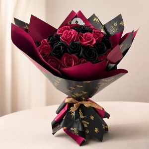 Buchet floral gigant Royal Velvet cu trandafiri de sapun si sclipici, inaltime 45cm, LED inclus, Negru - Bordo - Img 3