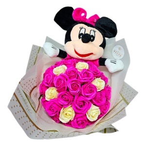 Buchet floral premium Minnie Mouse cu 31 trandafiri de sapun, 50 cm, Fucsia-Crem