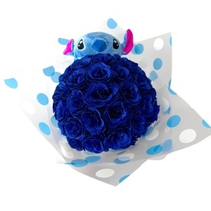 Buchet floral premium Stitch cu 35 trandafiri decorativi cu efect glitter, inaltime 40 cm, Albastru - Img 3