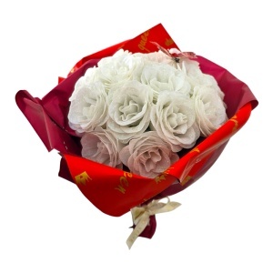 Buchet Glitter White Roses cu 21 trandafiri albi decorativi premium, 37 cm - Img 5