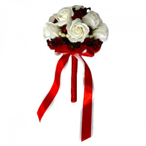 Buchet Mireasa, cu trandafiri de sapun, stamine, flori de hartie si perle artizanale, Alb-Rosu
