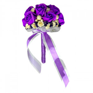 Buchet Mireasa, cu trandafiri de sapun, stamine , flori de hartie si accesorii, mov - Img 5