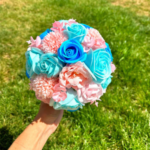 Buchet Mireasa din trandafiri, anemone, dalii de sapun, roz-blue2