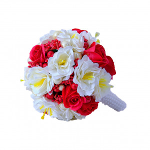 Buchet Mireasa, trandafiri, anemone, stamine si perle artizanale, Alb - Rosu
