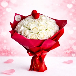 Buchet Royal Love cu 31 trandafiri de sapun si ornament inima, Alb - Img 4