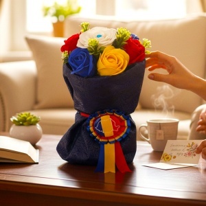 Buchet tricolor din trandafiri de săpun cu insigna României – cadou simbolic și elegant - Img 5