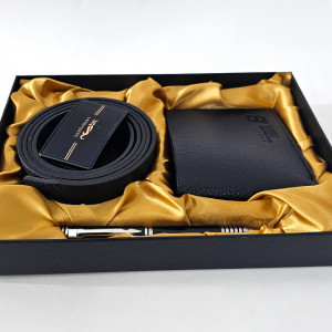 Cadou elegant pentru barbati Grand Touch, caseta cu portofel, pix metalic asortat si curea din piele ecologica, pe pat satinat in cutie cadou  2