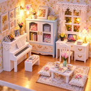 Casuta miniaturala DIY, camera muzicala cu mobilier, pian si iluminare LED - Img 2
