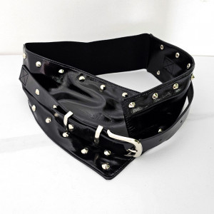 Centura cu catarama Teo Sky, elastica, cu note lucioase si detalii metalice, Negru 3