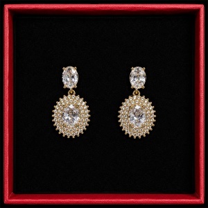 Cercei eleganti cu cristale zirconiu ovale si coroana stralucitoare, in cutie cadou, Auriu - Img 4