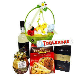 Cos cadou Paste Bunny Deluxe cu Jidvei Premiat, Ferrero Rocher, Toblerone, Davidoff si Panettone Granducale