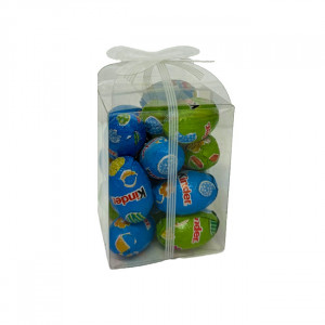 Cos Eastern, decoratiune iepuras alb, 2 candele, praline Raffaello 90gr, cafea Davidoff 250gr, 20 oua kinder , felicitare , in cos rosu