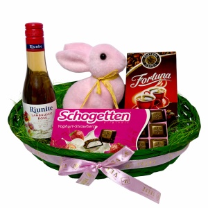 Cos de Paste Sweet Bunny Rose cu vin Lambrusco 200ml, iepuras decorativ, ciocolata Schogetten si cafea Fortuna