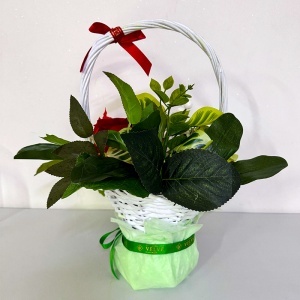 Cos floral Craciunita cu licheni naturali stabilizati, flori artizanale si ornamente de iarna, Rosu-Verde - Img 5