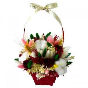 Cosulet aniversar Floral Collection, cu trandafiri si broom criogenat, flori de bumbac, imortele si lagurus, decorat cu funda crem satinata
