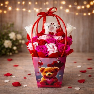 Cosulet Special Valentine, cu ursuleti decorativi, trandafiri din sapun, si praline Raffaello 2x40 g