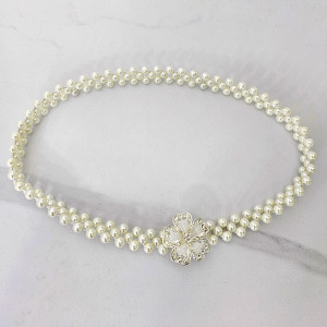 Curea elastica Pearly, catarama metalica decorativa si perle, Silver Flower 1