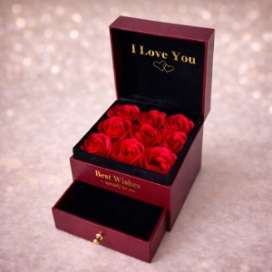 Cutie cu sertar Wenderfull, mesaj text "I Love You", noua trandafiri de sapun, in punga cadou, Bordo