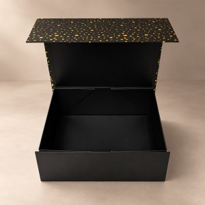 Cutie pentru cadou Golden Dots, neagra cu model auriu si fundita, 25X14 cm - Img 4