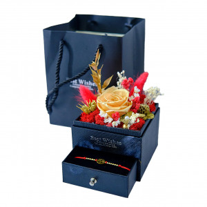 Cutiuta cu flori criogenate, sertar pentru accesorii, brățară, si punga cadou, negru