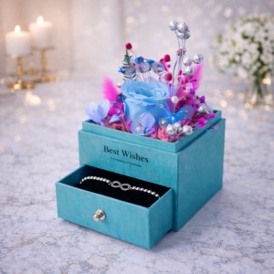 Cutiuta cu flori criogenate, sertar pentru accesorii, brățară, si punga eleganta, Albastru deschis - Img 2