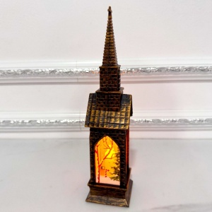 Decoratiune Capela luminoasa Church and Night cu lumina LED si Mos Craciun cu sacul plin, Maro, 21X5X5 cm