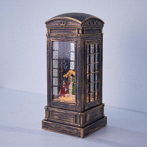 Decoratiune de Craciun, felinar in forma de cabina telefonica, luminos si muzical, cu scena nasterii lui Iisus, USB inclus, 21 x 9 x 9 cm