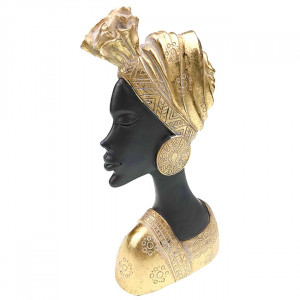 Decoratiune din rasina Moyoko Africa, bust feminin cu turban si cercei supradimensionati, 28x14cm, Auriu 1