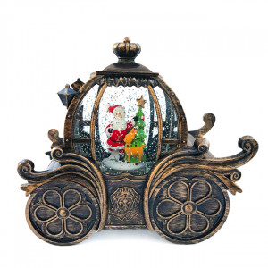 Decoratiune Craciun in forma de caleasca, luminos, muzical, Mos Craciun, un ren si brad de Craciun, USB inclus