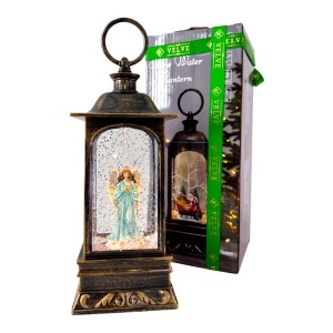 Decoratiune muzicala si luminoasa, Felinar Vintage, cu Inger, lumini calde si zapada in miscare, USB inclus, 23x9 cm