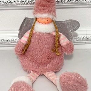 Decoratiune tematica de iarna, papusica Elf costumata in înger, 32 cm, Roz Prafuit