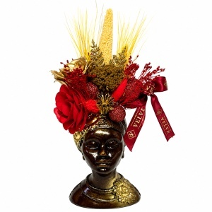 Decoratiune Vaza Africana din ipsos, cu begonie din lemn, flori uscate si plante criogenate, Rosu-Auriu
