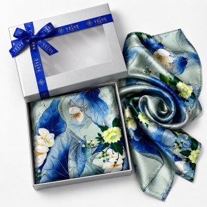 Esarfa premium dama cu imprimeu botanic, 70 x 70 cm, Bleu-Verde - Img 4