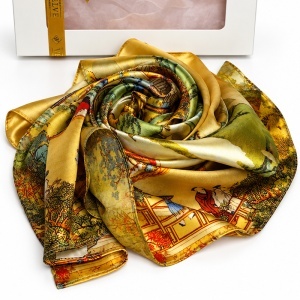 Esarfa premium dama cu peisaj oriental, 70 x 70 cm, Auriu - Img 3