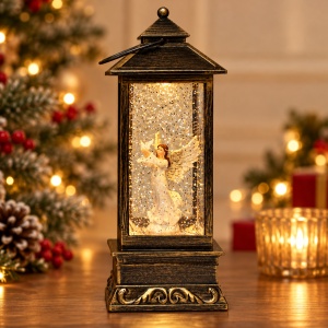 Felinar decorativ de Craciun cu LED si muzica, Inger cu porumbel, 27x10 cm, Bronz antichizat