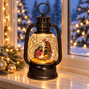 Felinar decorativ de Craciun cu LED si muzica, Nasterea Domnului, 16x10 cm, Bronz antichizat - Img 5