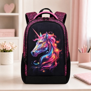 Ghiozdan scolar ergonomic pentru fete Fantasy Unicorn, 40x29x14 cm, Negru-Roz - Img 2