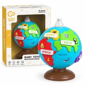 Glob educativ interactiv Lucky Baby, cu puzzle continente si animalute, multicolor, 21 cm, 18 luni+