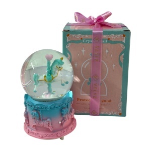 Glob muzical din sticla cu unicorn, suport din rasina si iluminare decorativa, Turcoaz - Img 3