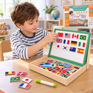 Joc educativ magnetic din lemn cu steagurile lumii, tabla si marker, cutie de depozitare, multicolor, 3+ ani - Img 3
