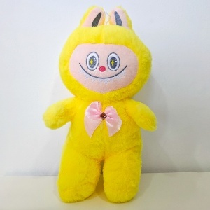 Jucarie de plus iepuras in stil Labubu, cu funda, 30 cm, Galben - Img 2