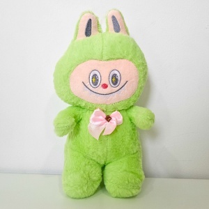 Jucarie de plus iepuras in stil Labubu, cu funda, 30 cm, Verde - Img 3